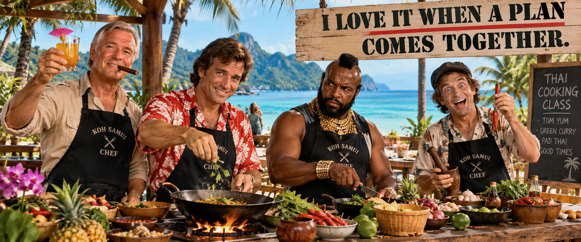 Playful original illustration of the classic 1980s A-Team cast in a tropical beachside Thai cooking class, with Hannibal holding a cigar, B.A. looking unimpressed, Face cooking, and Murdock clowning around
