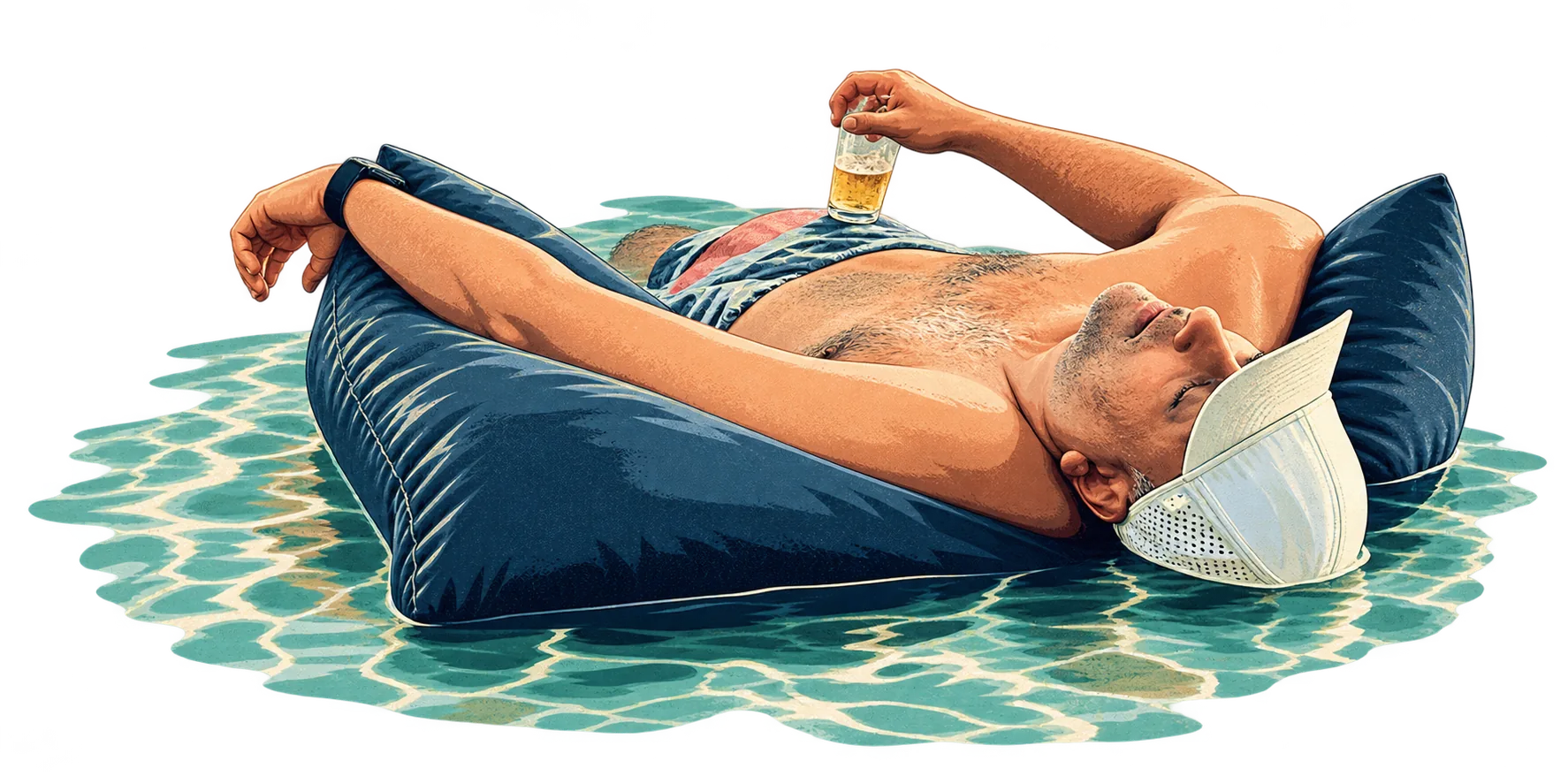 Illustration based on Rocky relaxing on a floating lounger in shallow tropical water, drink in hand